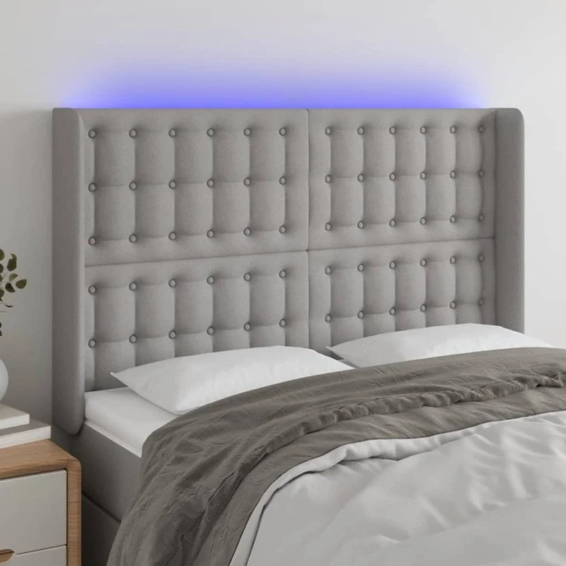 vidaXL sengegavl med LED-lys 147x16x118/128 cm stof lysegrå