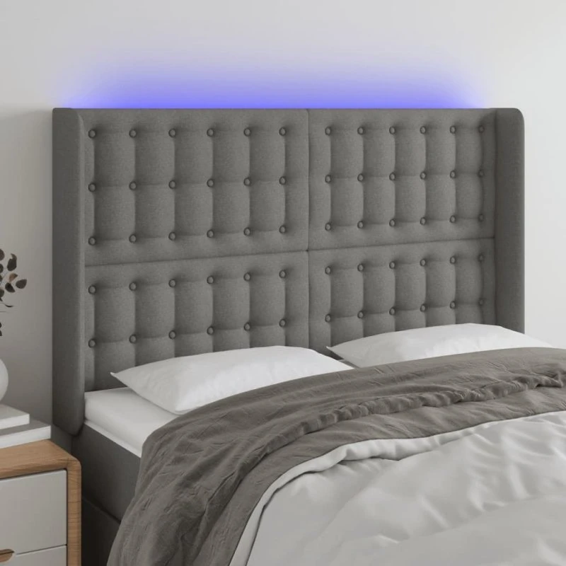 vidaXL sengegavl med LED-lys 147x16x118/128 cm mørkegrå