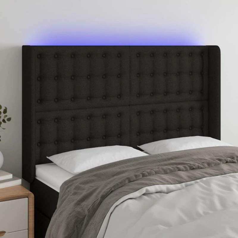 vidaXL Sengegavl med LED 147x16x118/128 cm, stof, sort