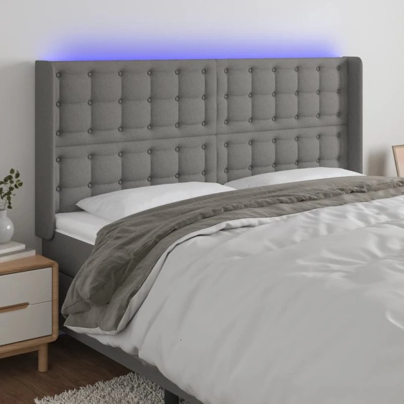 vidaXL Sengegavl med LED 163x16x118/128 cm, mørkegrå stof