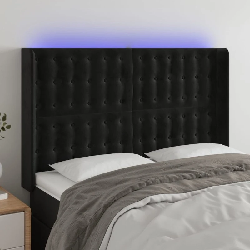 vidaXL sengegavl med LED 147x16x118/128 cm fløjl - sort