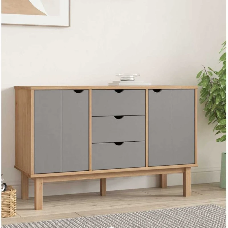 vidaXL skænk OTTA 113,5x43x73 cm massivt fyrretræ brun/grå