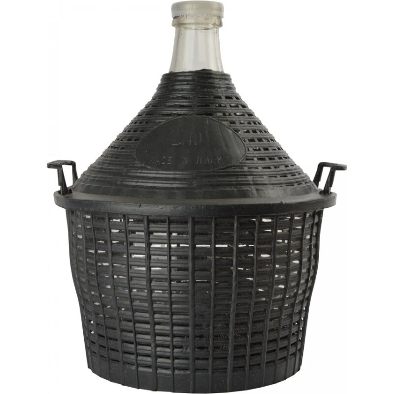 Demijohn 10 L glasballon, normal åbning med kurv og plastprop