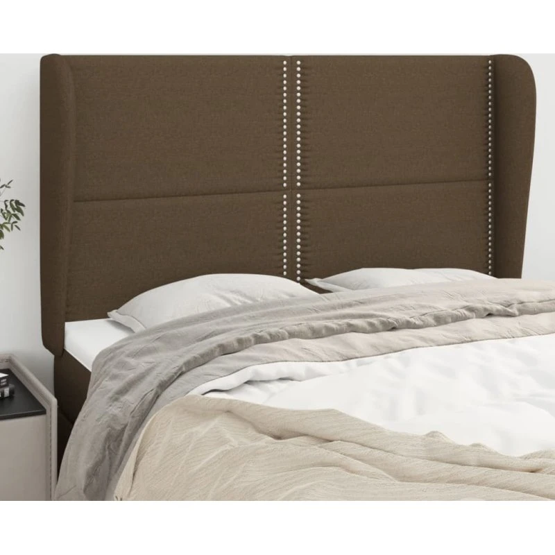 vidaXL sengegavl med kanter 147x23x118/128 cm stof mørkebrun