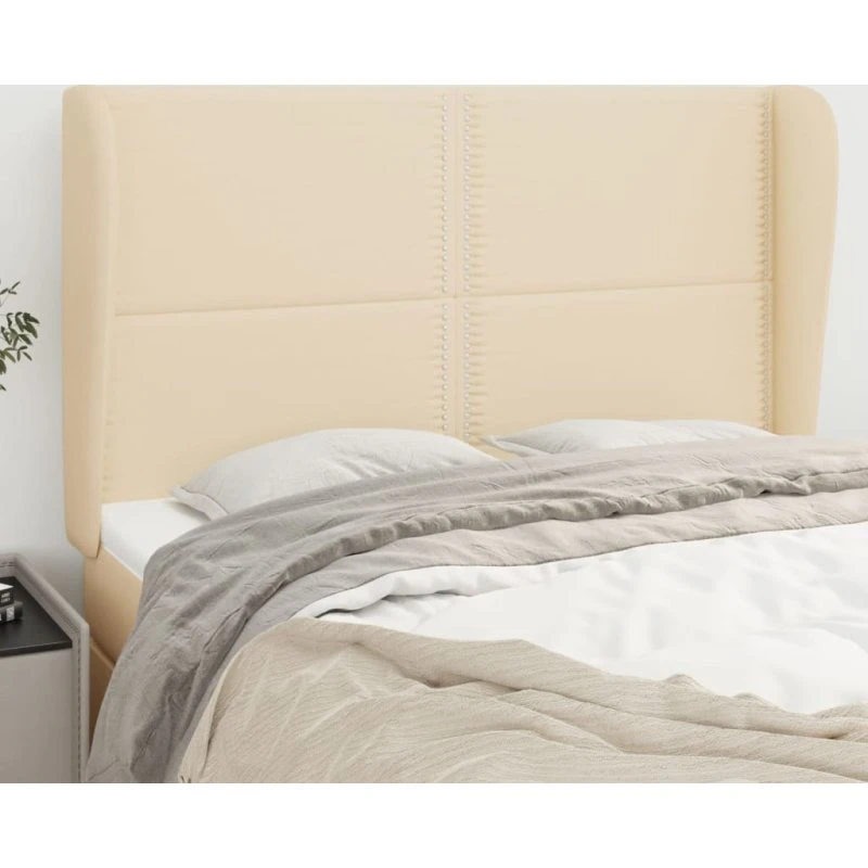 vidaXL sengegavl med kanter 147x23x118/128 cm, creme stof