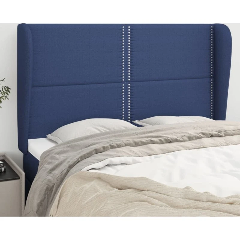 vidaXL Sengegavl med kanter 147x23x118/128 cm, blå stof