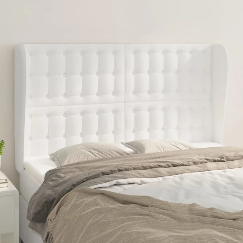vidaXL Sengegavl i kunstlæder med kanter 147x23x118/128 cm, hvid