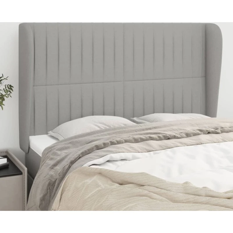 vidaXL sengegavl med kanter 147x23x118/128 cm stof lysegrå