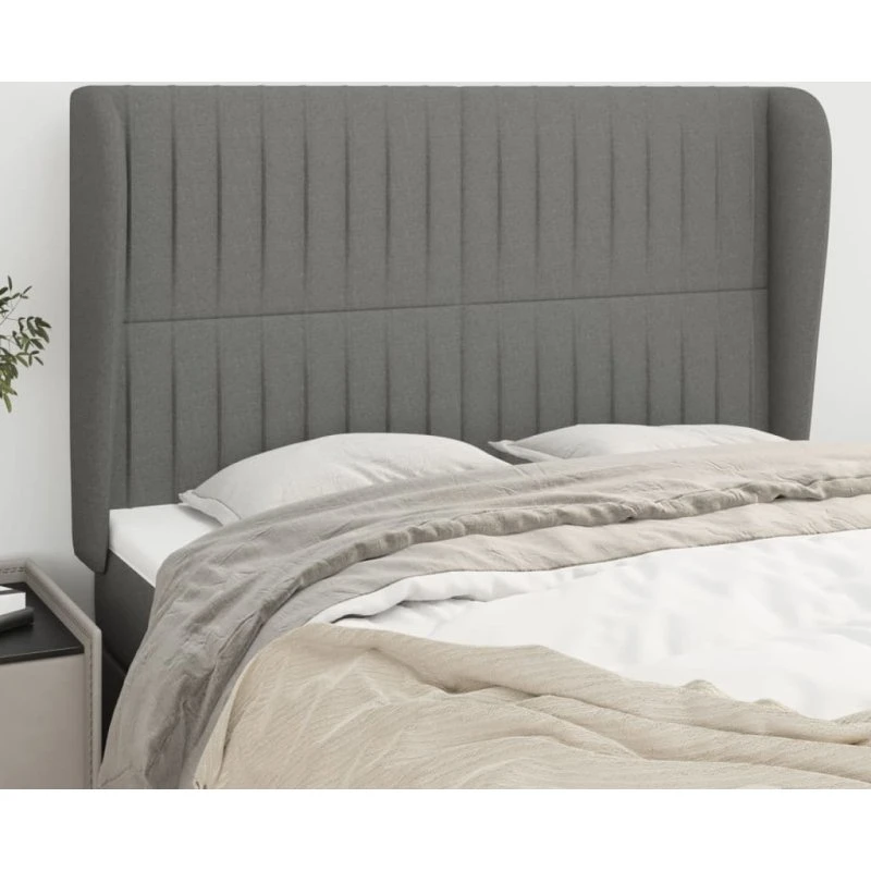 vidaXL sengegavl med kanter 147x23x118/128 cm stof mørkegrå