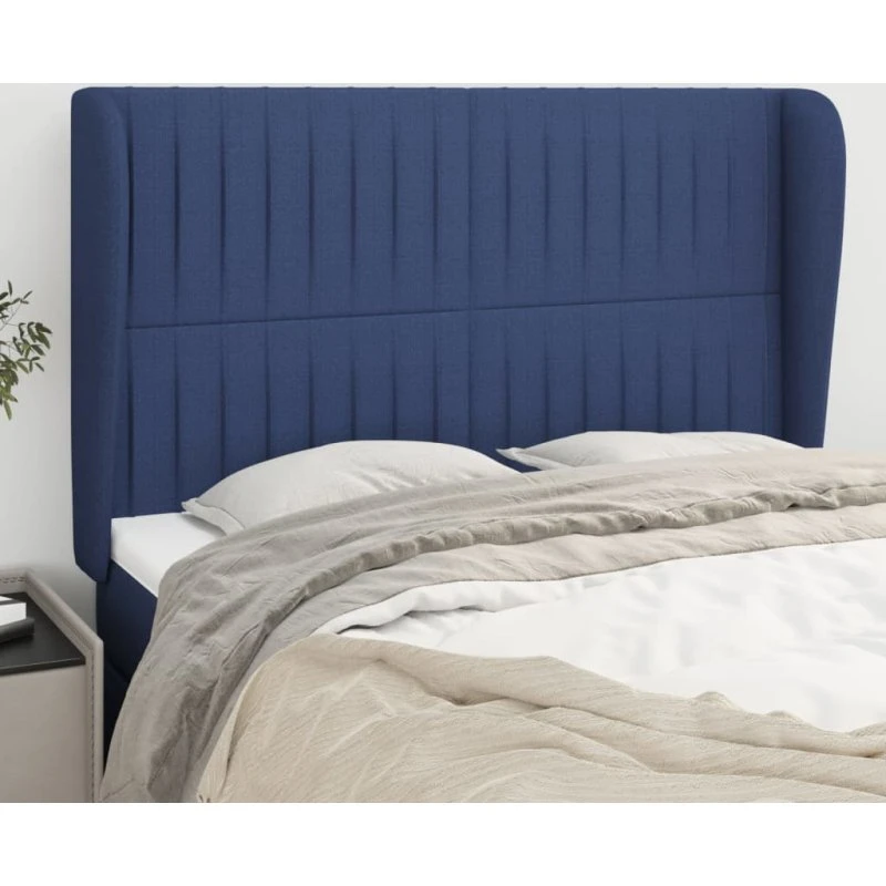 vidaXL sengegavl med kanter 147x23x118/128 cm blå stof