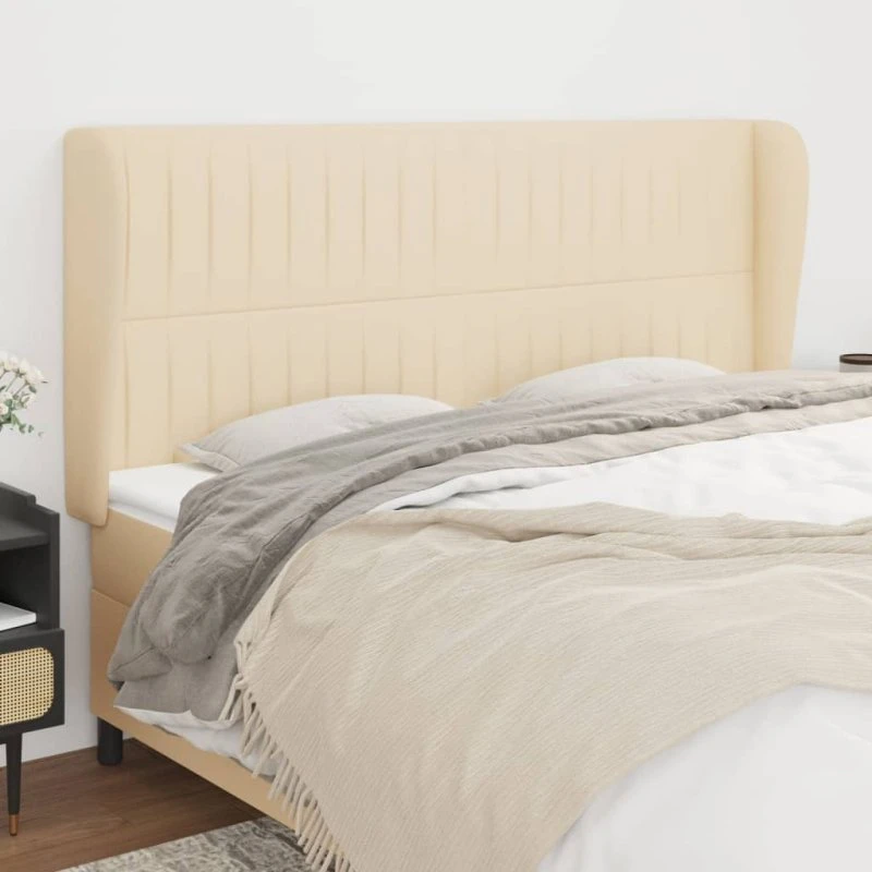 vidaXL Sengegavl med kanter 163x23x118/128 cm stof creme