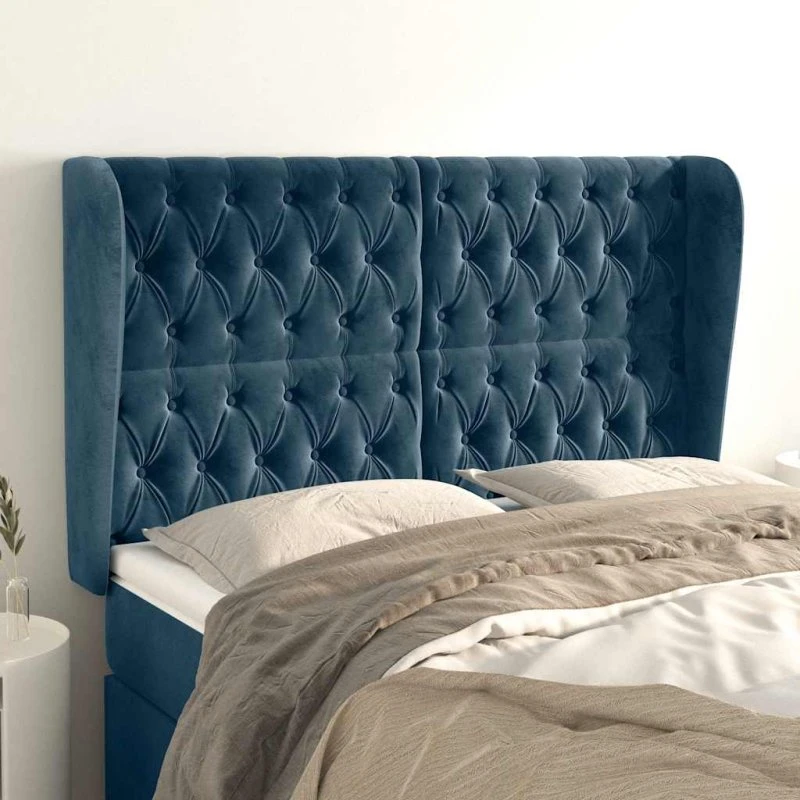 vidaXL Sengegavl med kanter 163x23x118/128 cm fløjl mørkeblå