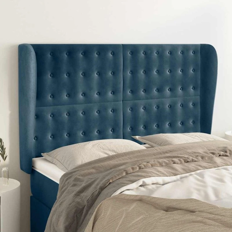 vidaXL sengegavl med kanter 147x23x118/128 cm fløjl mørkeblå