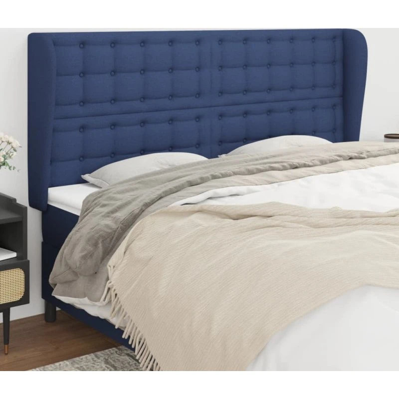 vidaXL sengegavl med kanter 163x23x118/128 cm stof blå