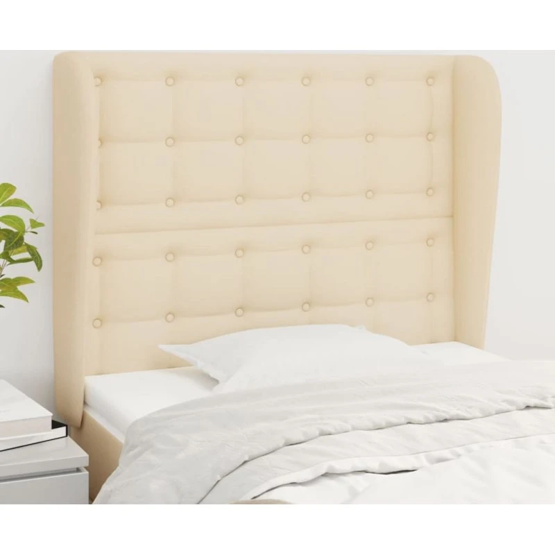 vidaXL sengegavl med kanter 103x23x118/128 cm stof cremefarvet
