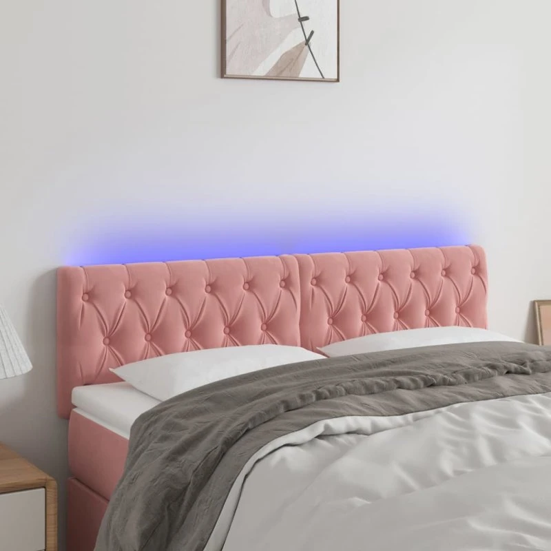 vidaXL sengegavl med LED-lys 144x7x78/88 cm velour lyserød