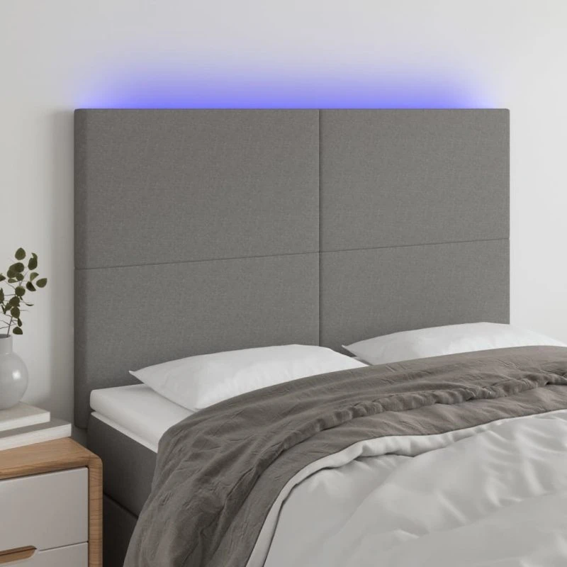 vidaXL sengegavl med LED-lys stof mørkegrå 144x5x118/128 cm