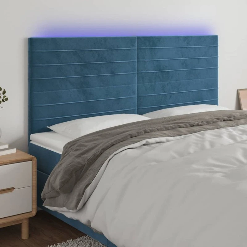 vidaXL sengegavl med LED 200x5x118/128 cm velour mørkeblå