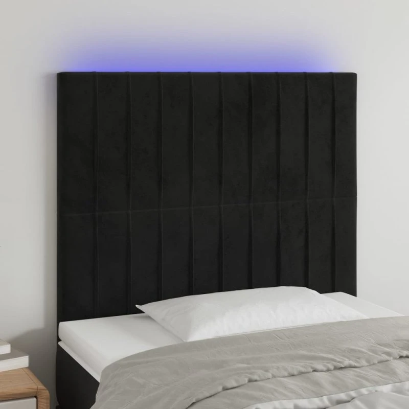 vidaXL Sengegavl med LED-lys 90x5x118/128 cm fløjl sort