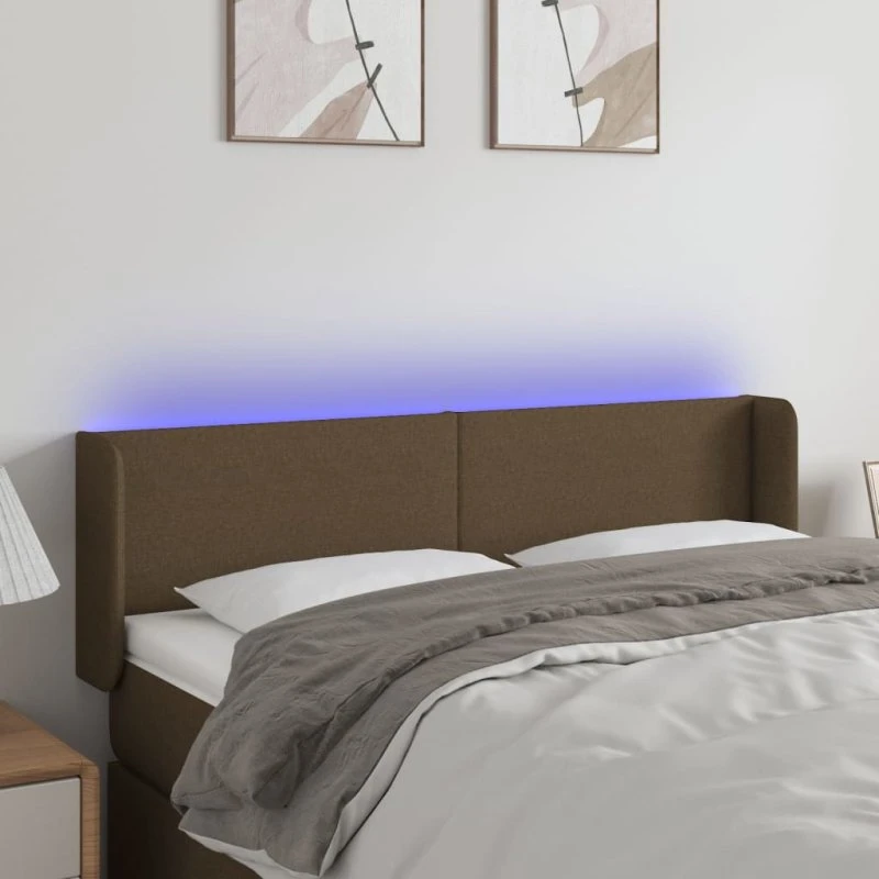 vidaXL sengegavl med LED-lys 147x16x78/88 cm, stof mørkebrun