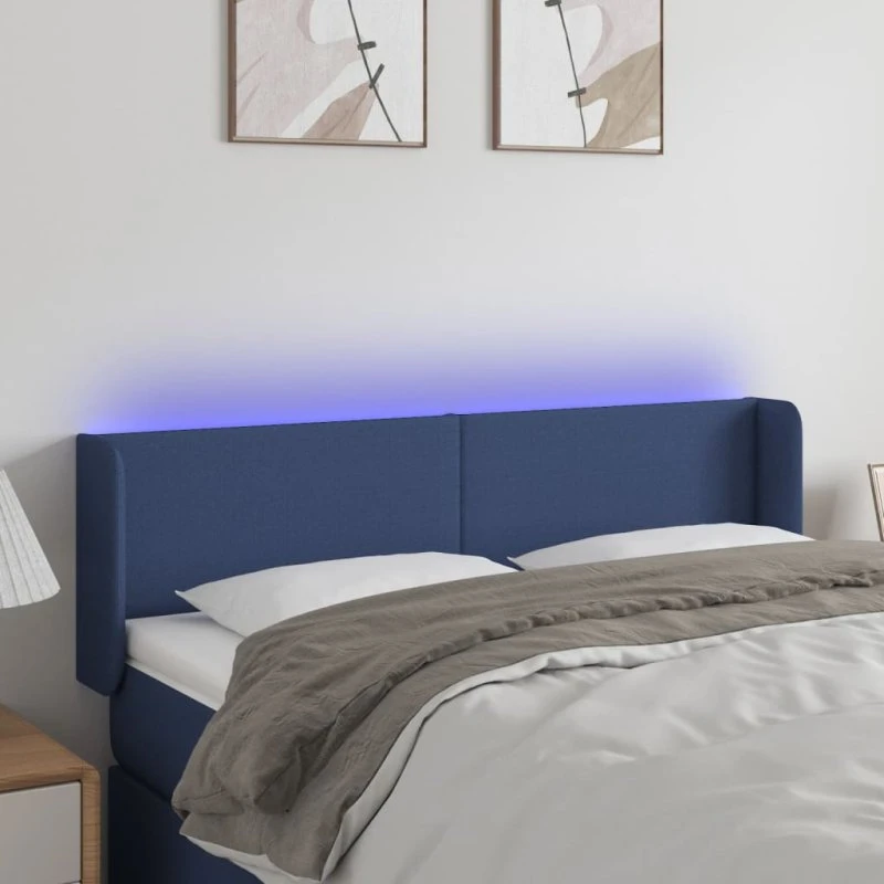 vidaXL sengegavl med LED-lys 147x16x78/88 cm blå stof