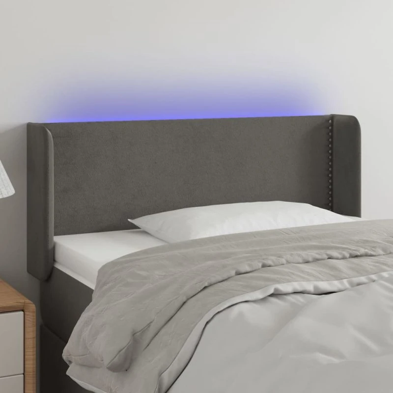 vidaXL sengegavl med LED, fløjl mørkegrå 103x16x78/88 cm