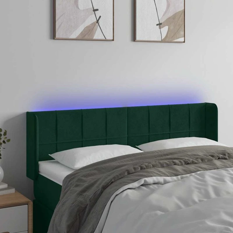vidaXL sengegavl med LED 147x16x78/88 cm fløjl mørkegrøn