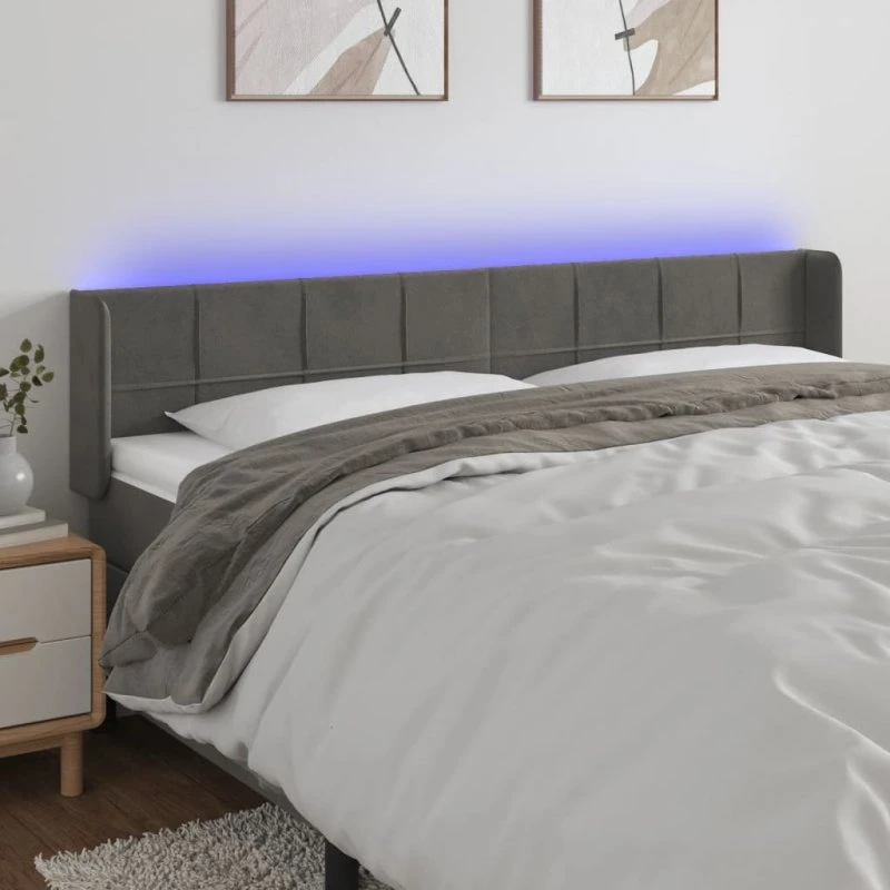 vidaXL sengegavl m. LED 183x16x78/88 cm fløjl mørkegrå
