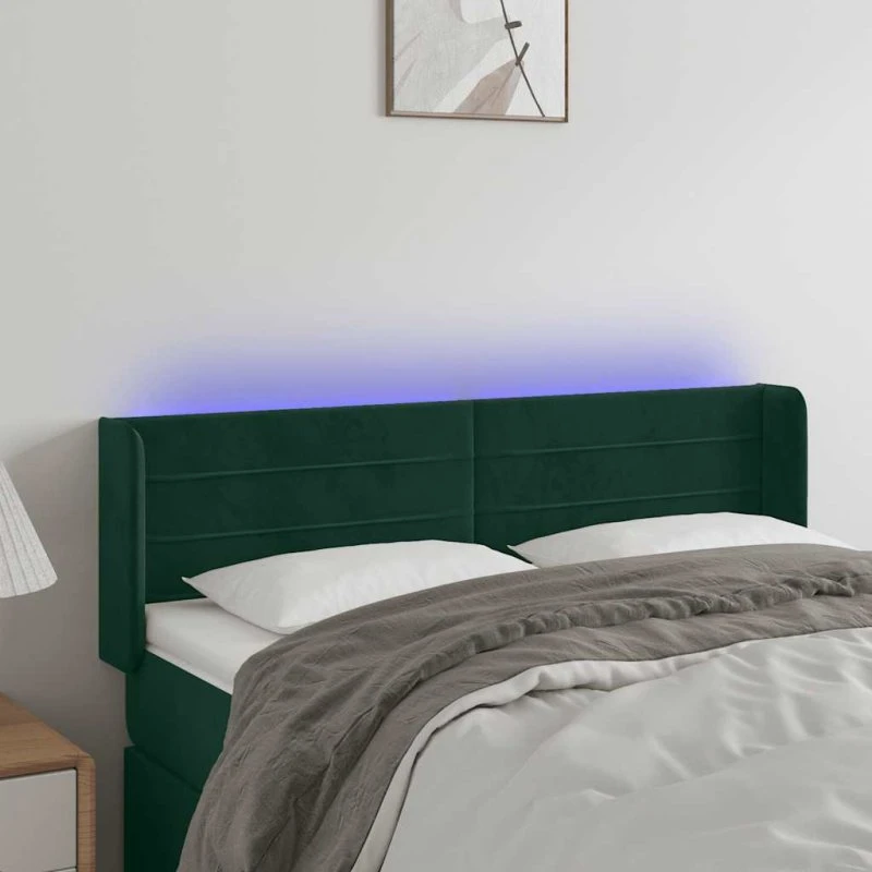 vidaXL sengegavl med LED 147x16x78/88 cm fløjl mørkegrøn