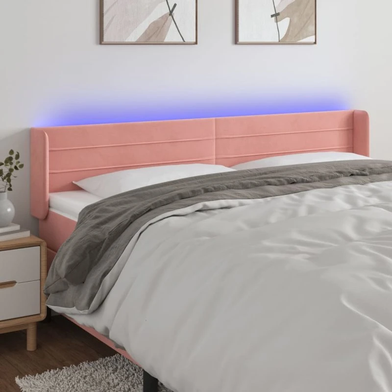 vidaXL sengegavl med LED 183x16x78/88 cm fløjl lyserød