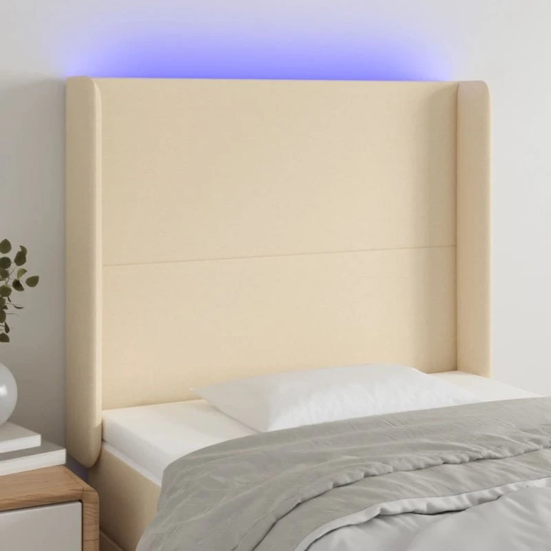 vidaXL Sengegavl med LED-lys stof creme 103x16x118/128 cm