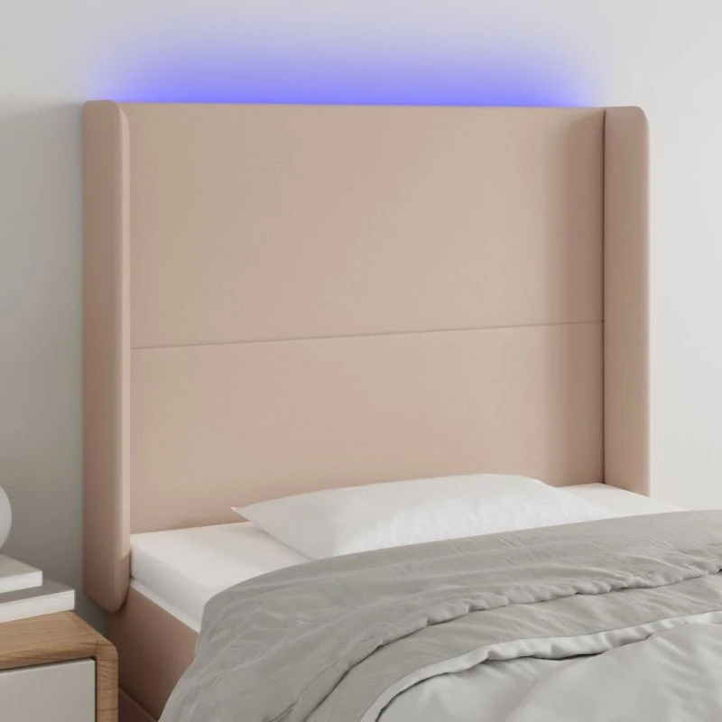 vidaXL sengegavl med LED kunstlæder cappuccino 103x16x118/128 cm