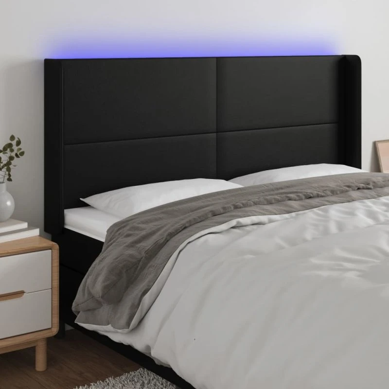 vidaXL sengegavl med LED-lys 163x16x118/128 cm kunstlæder sort
