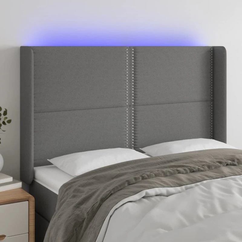 vidaXL sengegavl med LED-lys 147x16x118/128 cm mørkegrå