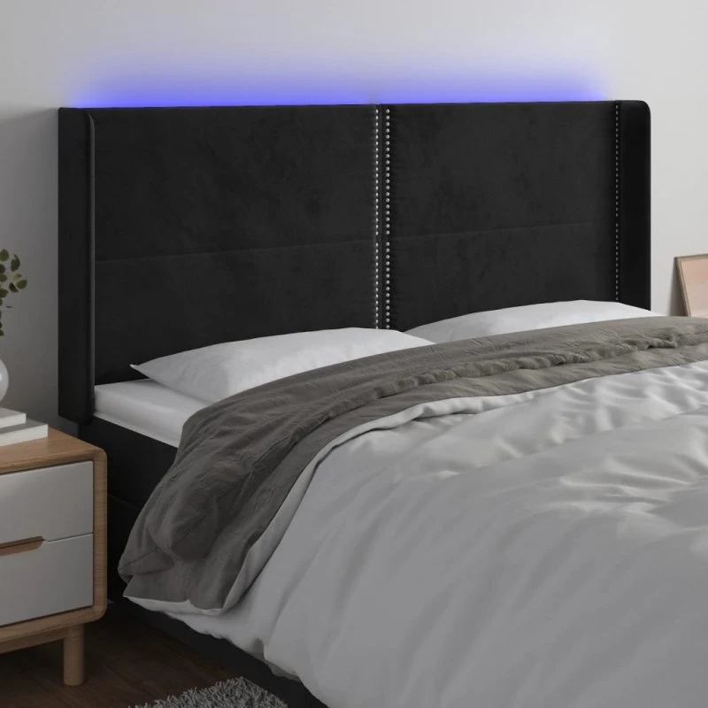 vidaXL sengegavl med LED-lys 183x16x118/128 cm, fløjl sort