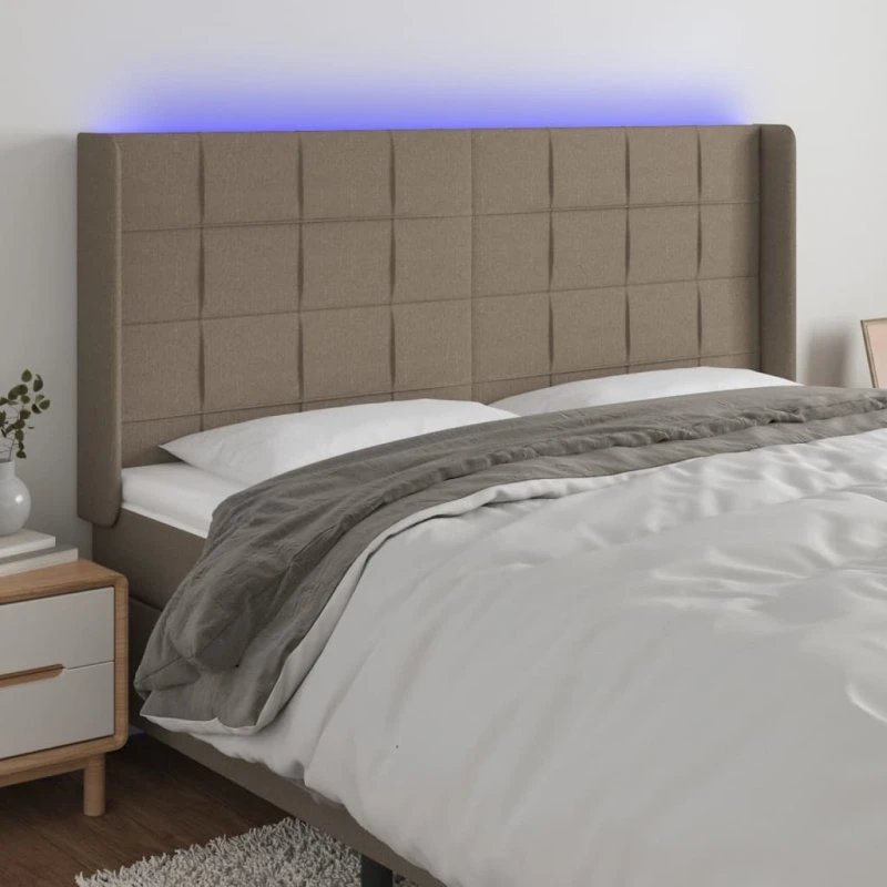 vidaXL Sengegavl med LED-lys 203x16x118/128 cm stof gråbrun