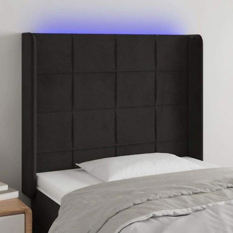 vidaXL sengegavl med LED 103x16x118/128 cm fløjl sort