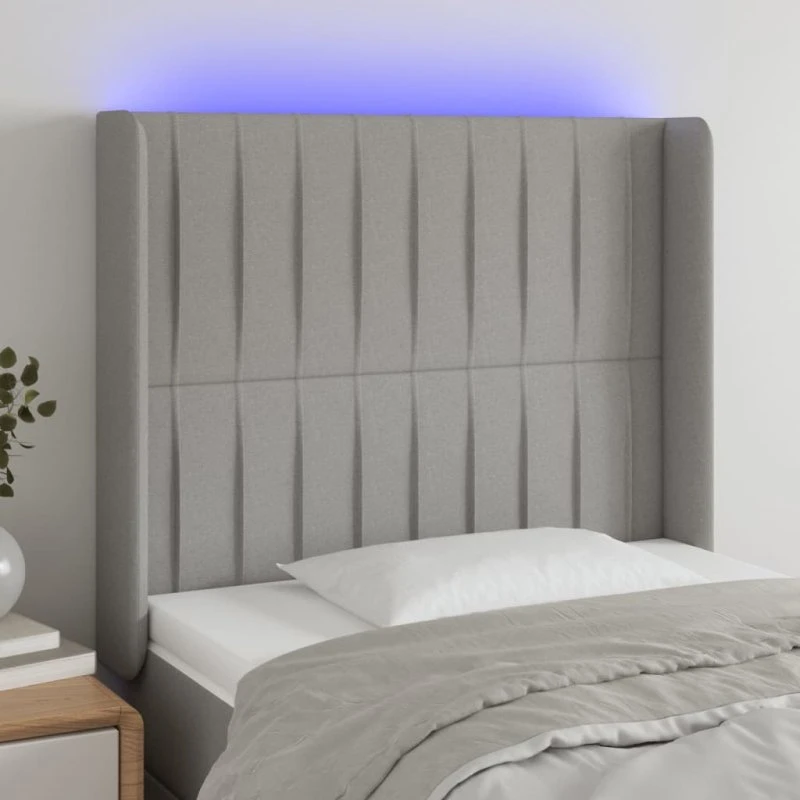 vidaXL Sengegavl med LED-lys 83x16x118/128 cm stof lysegrå