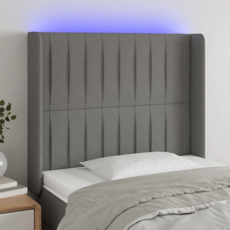 vidaXL sengegavl med LED-lys stof mørkegrå 83x16x118/128 cm