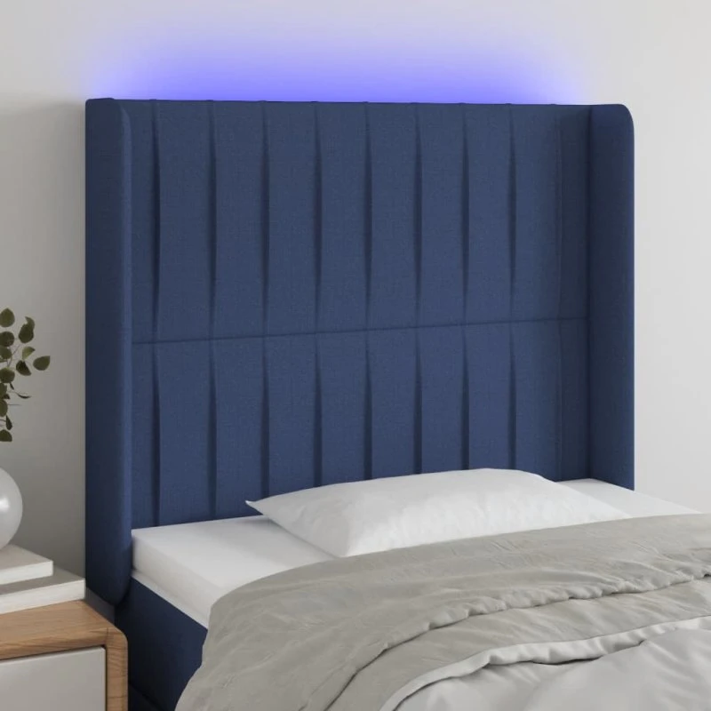 vidaXL sengegavl med LED-lys 93x16x118/128 cm blå stof