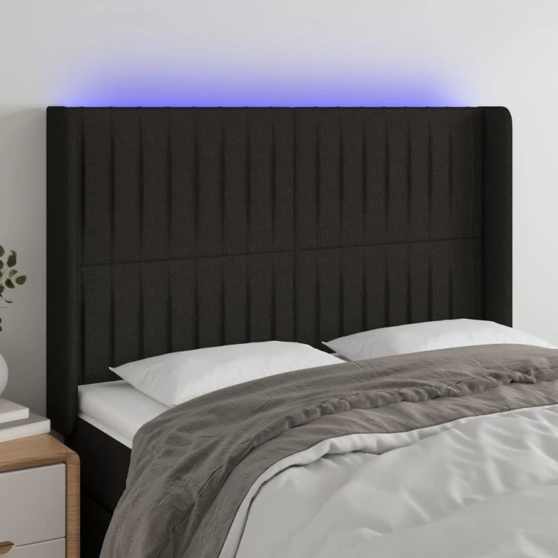 vidaXL Sengegavl med LED-lys 147x16x118/128 cm, sort stof