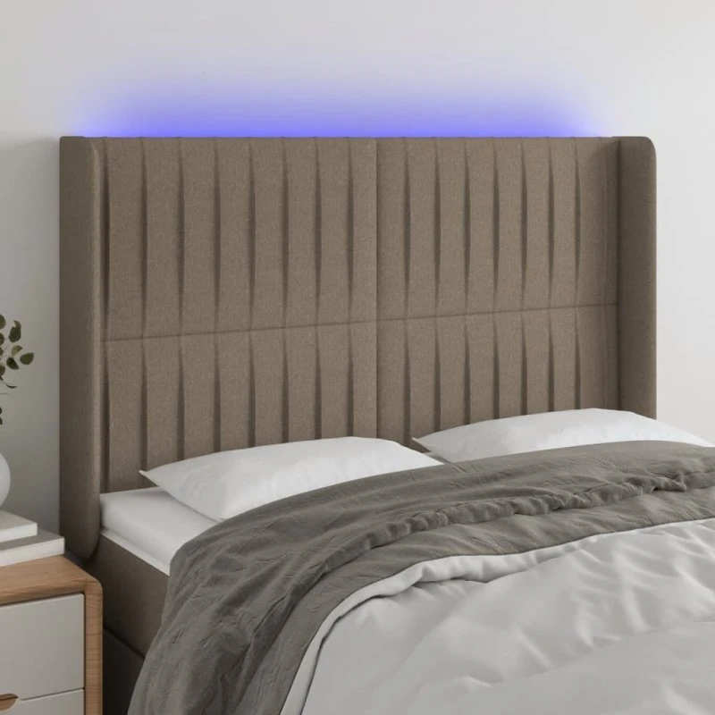 vidaXL Sengegavl med LED, stof gråbrun 147x16x118/128 cm