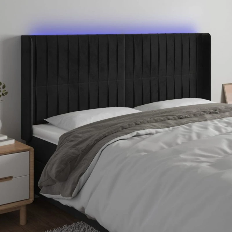 vidaXL sengegavl med LED 203x16x118/128 cm fløjl sort