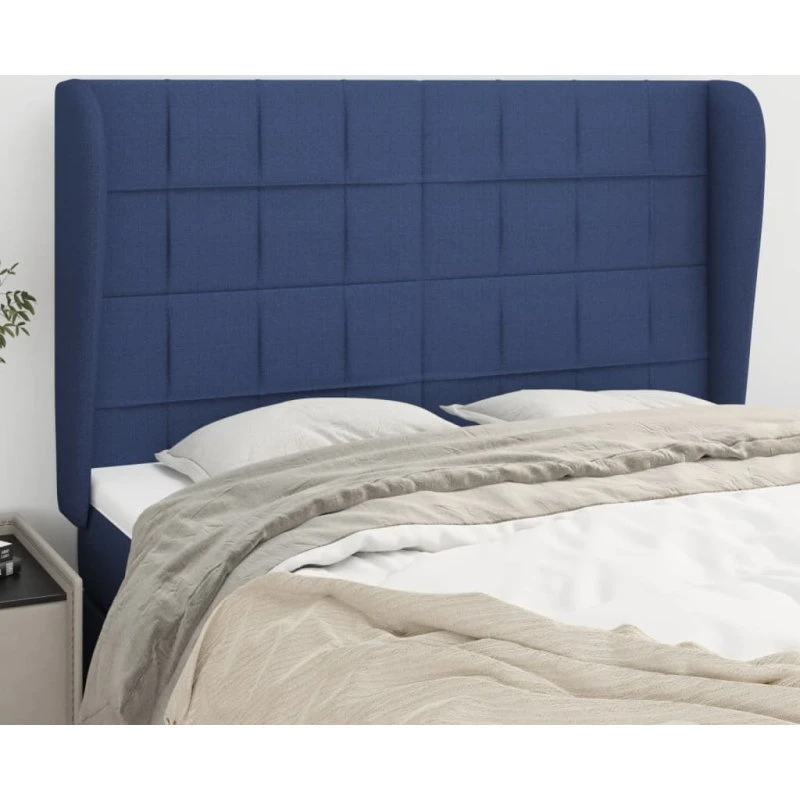 vidaXL sengegavl med kanter 147x23x118/128 cm blåt stof