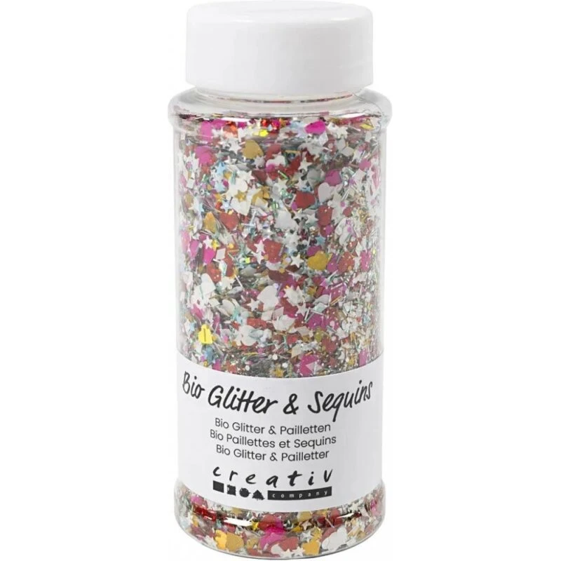 Biologisk nedbrydeligt glitter & pailletter 140 ml – blandede farver