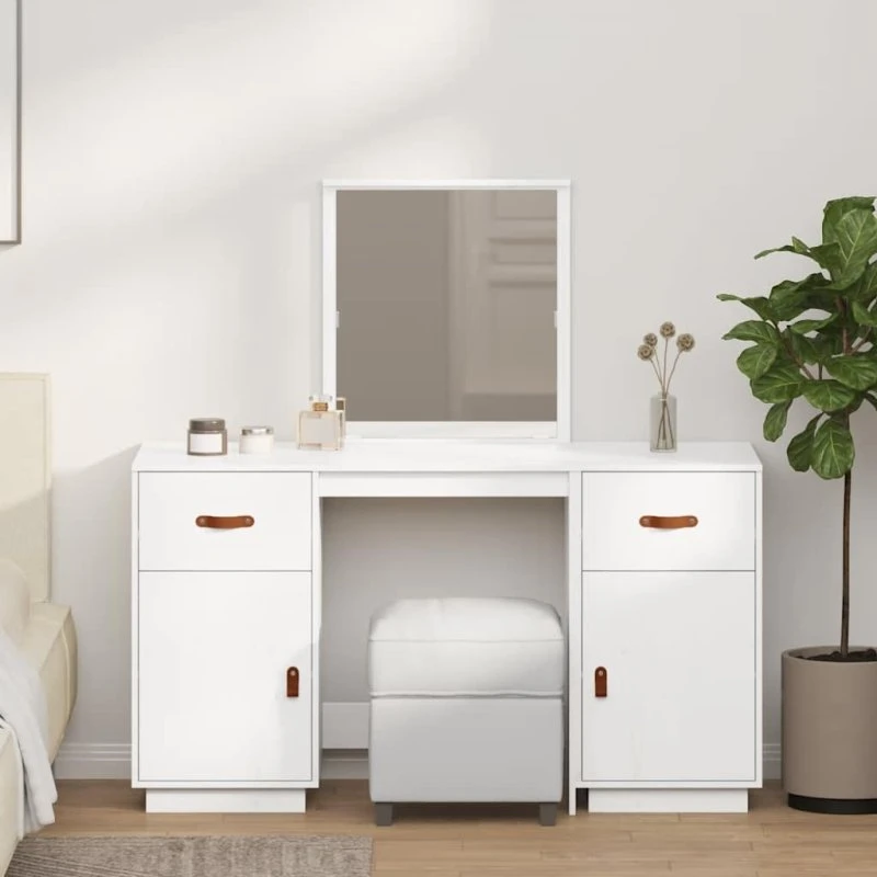 vidaXL makeupbord med spejl i massivt fyrretræ, hvid