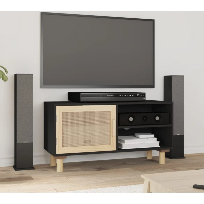 vidaXL TV-bord 80x30x40 cm massivt fyrretræ & rattan, sort