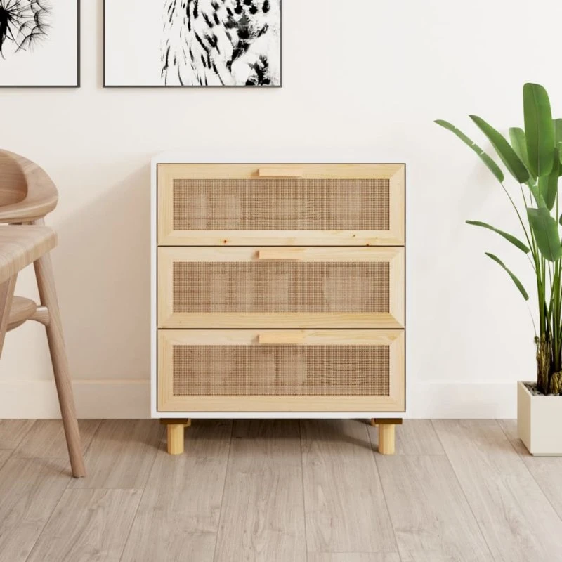 Skænk 60x30x70 cm i massivt fyrretræ & naturlig rattan, brun