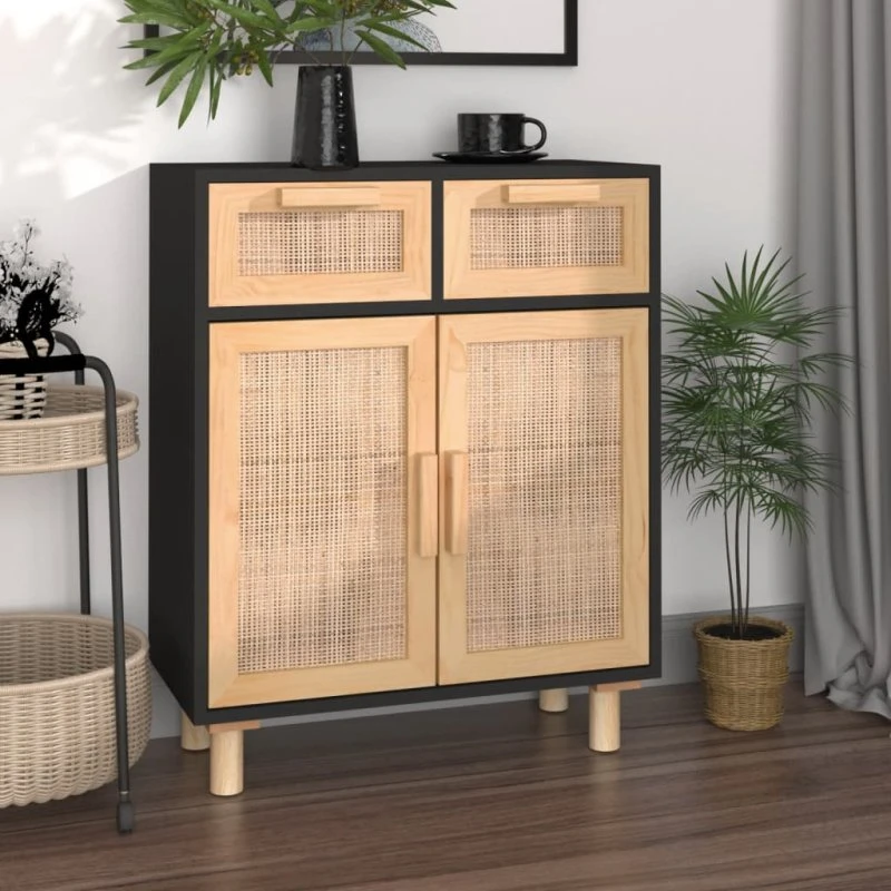 vidaXL skænk 60x30x75 cm massivt fyrretræ & naturlig rattan, sort