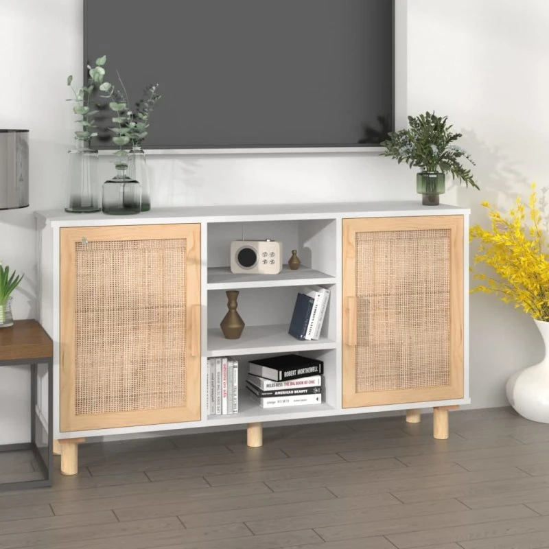 vidaXL skænk 105x30x60 cm massivt fyrretræ med naturlig rattan, hvid